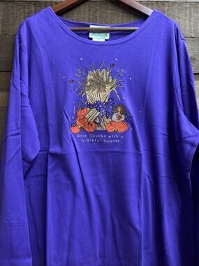 Quacker Factory Women's Top 1X Thanksgiving Embroidered Rhinestones Purple NWT